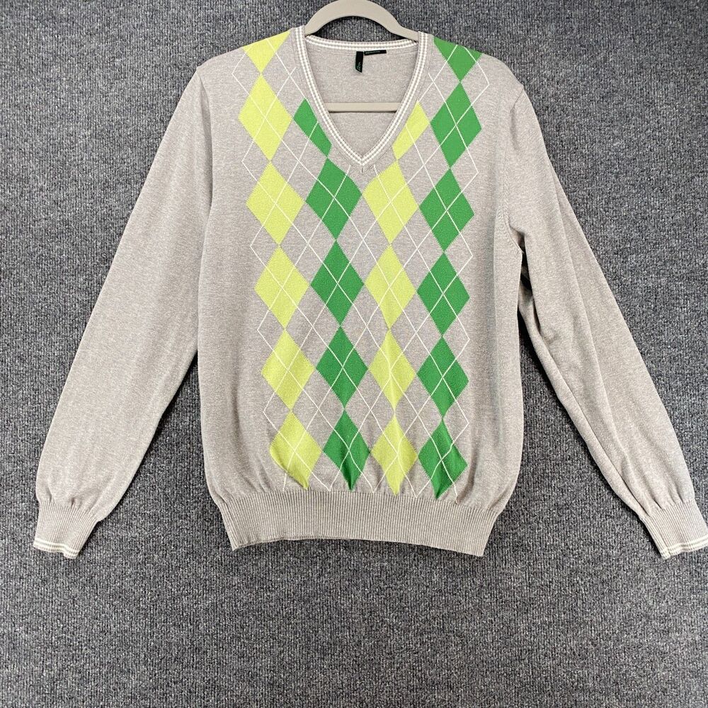 Stile Benetton Sweater Women L Gray Argyle Pullover V-Neck Classic Preppy Casual